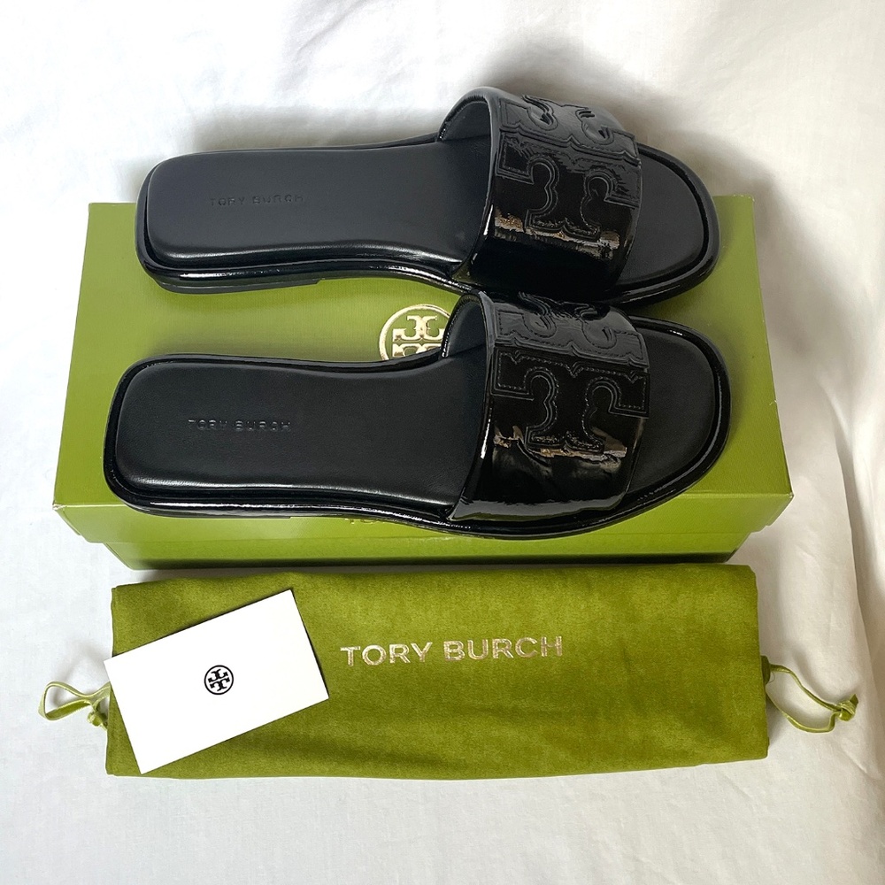 Tory Burch Double T Sport Slide Patent Leather Black 7